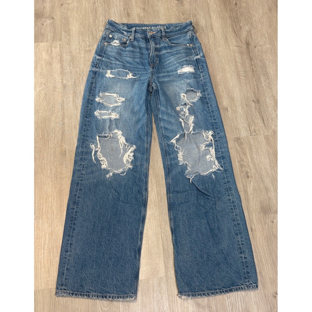 American Eagle Super High-Rise Baggy Wide Leg Distressed Jeans Women 2 Regular